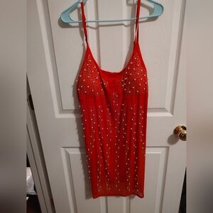 Red Beaded Spaghetti Strap Dress